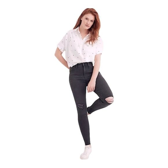 Madewell 9” Mid-Rise Skinny Jeans Women Grey Wash Sz 25 x29 Ripped Raw Hem Denim - Picture 1 of 16